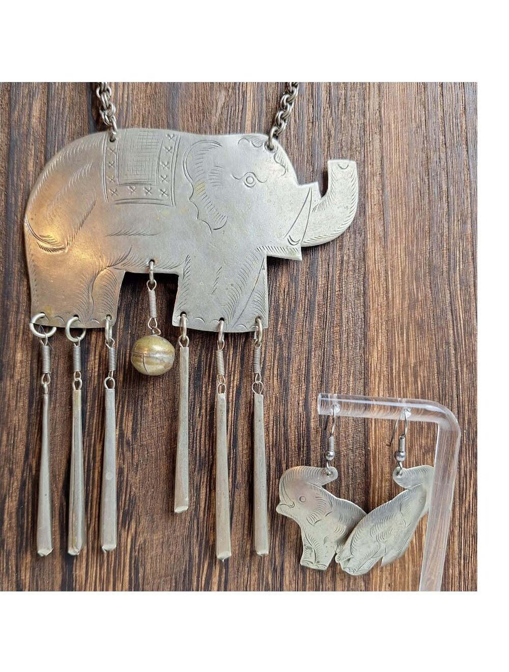 Vintage Elephant Statement Necklace Earring Set Etched Tassels Ethnic Tribal